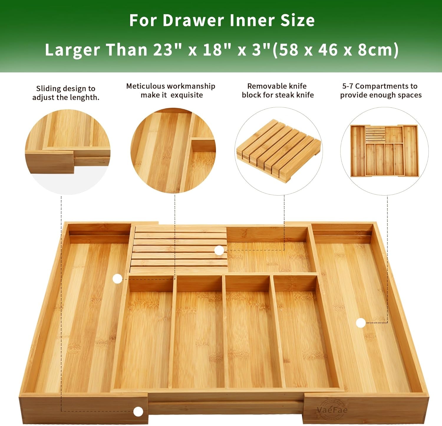 Bamboo Silverware Drawer Organizer Kitchen, Expandable Utensil Organizer with Knife Block, Cutlery Tray with Divider, Multifunctional Wooden Drawer Organizer