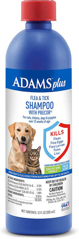 Adams plus Flea & Tick Shampoo with Precor for Cats, Kittens, Dogs & Puppies over 12 Weeks of Age Sensitive Skin Flea Treatment | Kills Adult Fleas, Flea Eggs, Ticks, and Lice| 12 Ounces