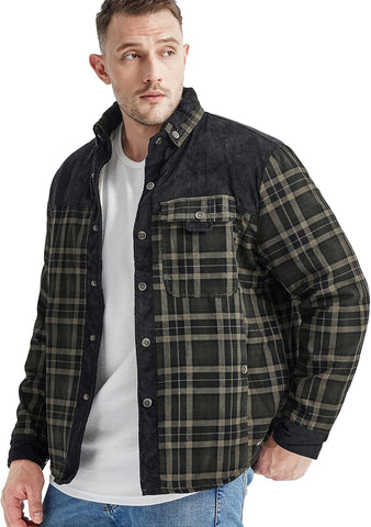 Men'S Outdoor Casual Fleece Sherpa Lined Flannel Plaid Button down Shirt Jacket