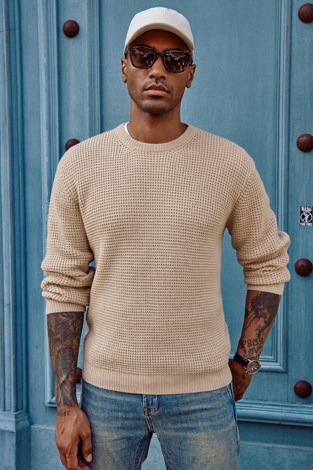 Mens Crewneck Pullover Sweater Waffle Textured Long Sleeve Knitted Sweaters