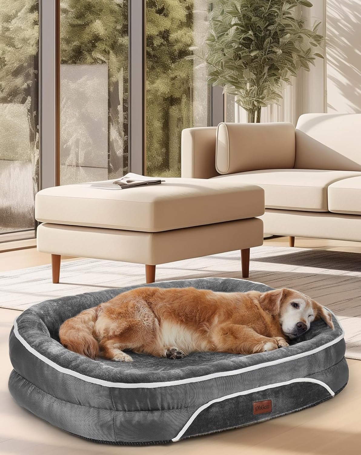 Orthopedic Dog Bed for Large Dogs, Dog Couch Design with Egg Foam Support, Removable, Machine Washable Plush Cover and Non-Slip Bottom with Four Sided Bolster Cushion (Gray)