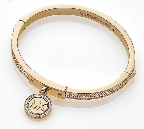 Stainless Steel and Pavé Crystal MK Logo Bangle Bracelet for Women, Color: Gold (Model: MKJ5976710)