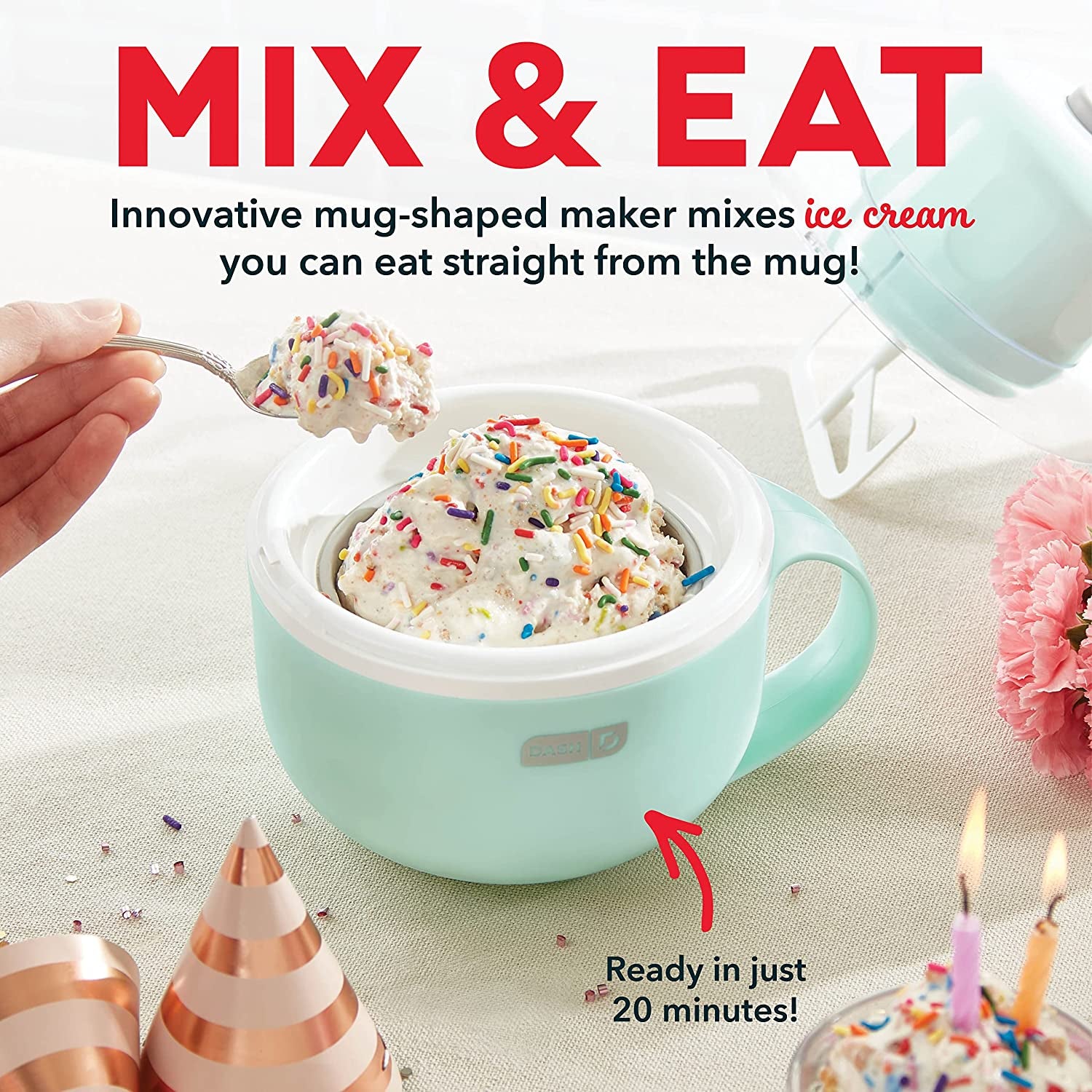 My Mug Ice Cream Maker Machine (Aqua): Multi-Purpose Soft Serve Ice Cream Machine with (2) Bowls for Homemade Gelato, Sorbet, Frozen Yogurt, Built-In Ingredient Chute, Easy to Clean and Store