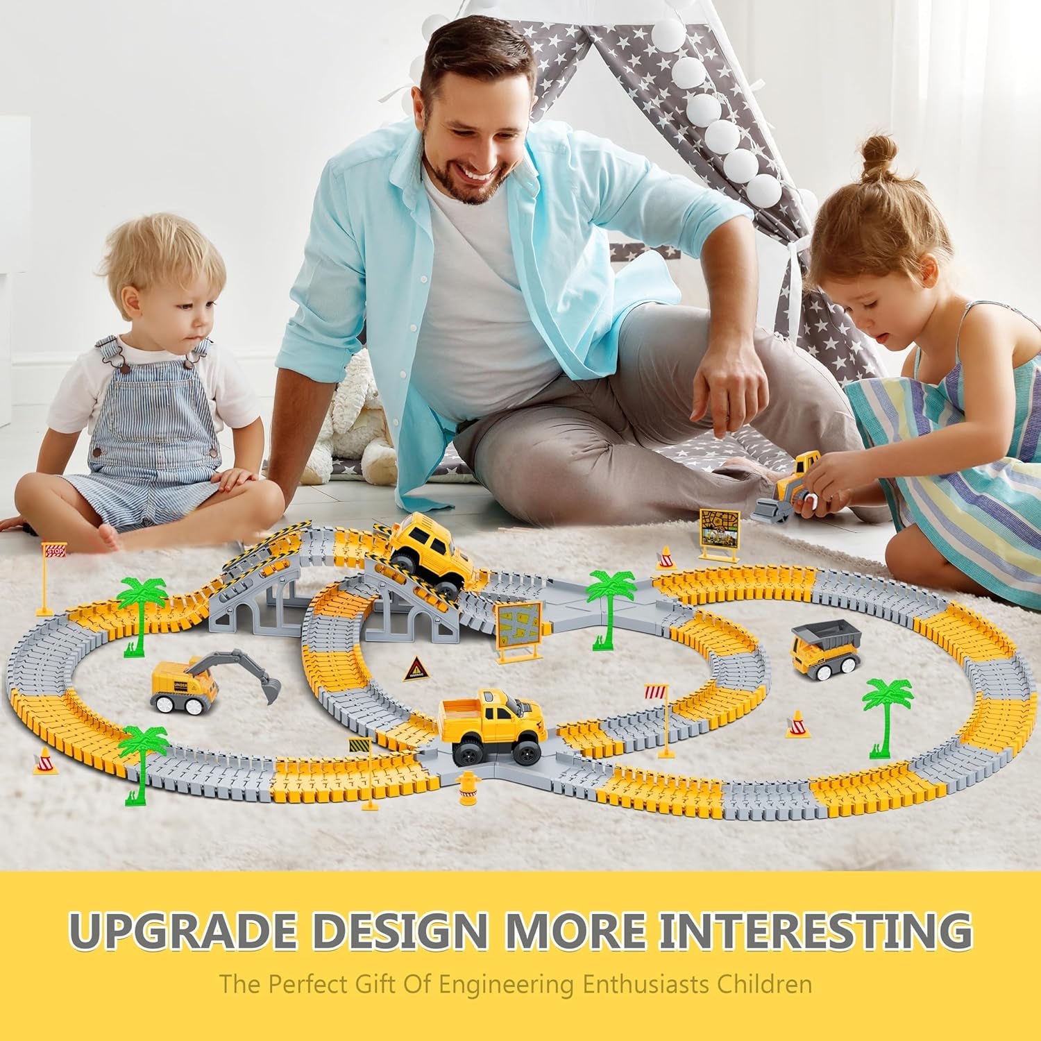 Kids Toys 253 PCS Construction Race Tracks Toy for 3 4 5 6 7 8 Year Old Boys Girls, 5 PCS Construction Truck Car and Flexible Track Play Set Create a Engineering Road Games Toddler Toys Birthday Gifts