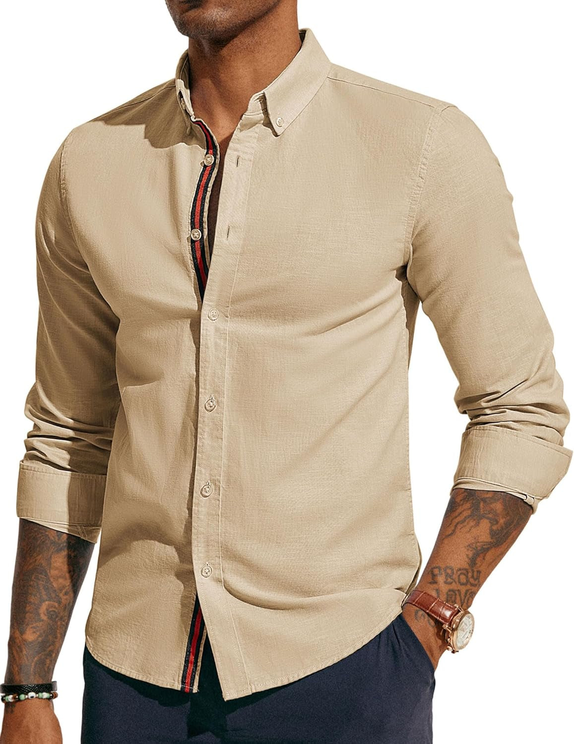 Men'S Linen Shirts Long Sleeve Casual Button down Shirt Breathable Dress Shirts