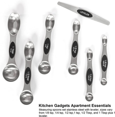 Magnetic Measuring Spoons Set Stainless Steel with Leveler, Stackable Metal Tablespoon Measure Spoon for Baking, Cups and Spoon Set Kitchen Gadgets Apartment Essentials Fits in Spice Jars