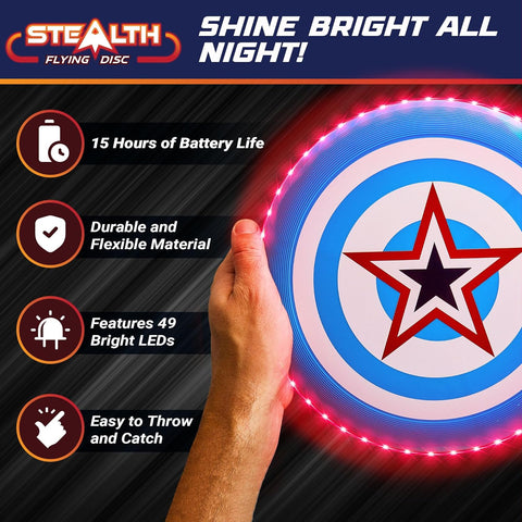 Stealth LED Flying Disc- Light up Disc for Adults and Kids, 49 Leds Glow in the Dark Disk, 2 LED Arm Bands, Sport Golf Ultimate Disc Outdoor Game Set, Waterproof Glow Hover Discs (Red/Blue)