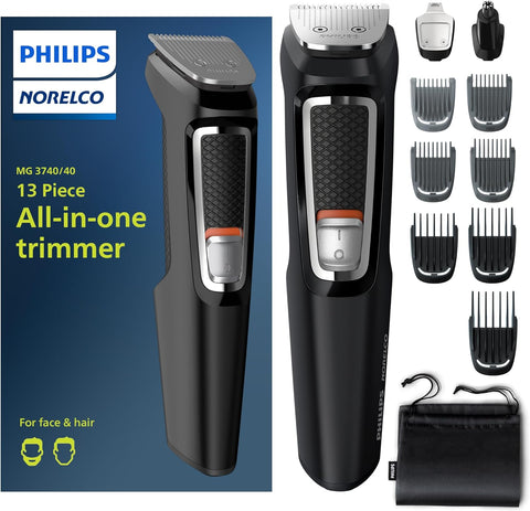 Norelco Philips Multi Groomer All-In-One Trimmer Series 3000-13 Piece Mens Grooming Kit for Beard, Face, Nose, Ear Hair Trimmer and Hair Clipper - NO Blade Oil Needed, MG3740/40