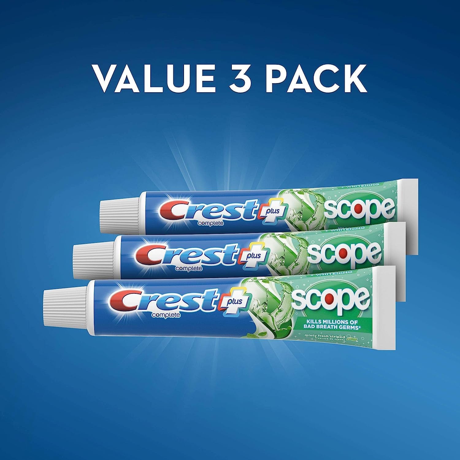 + Scope Complete Whitening Toothpaste - Pack of 3, 5.4 Oz Tubes - Anticavity Fluoride Toothpaste - Fresh Breath, Kills Germs - Tartar Protection, Enamel Protection - Minty Fresh Flavor