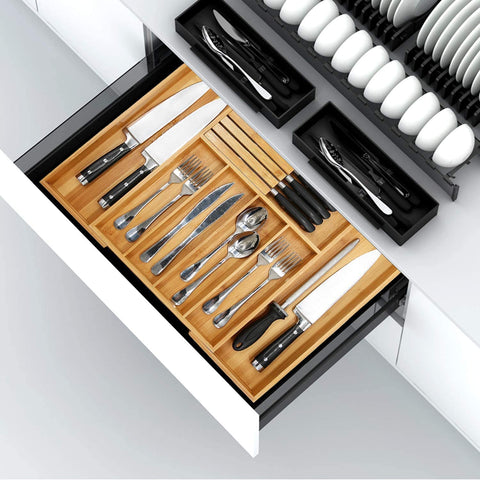 Bamboo Silverware Drawer Organizer Kitchen, Expandable Utensil Organizer with Knife Block, Cutlery Tray with Divider, Multifunctional Wooden Drawer Organizer