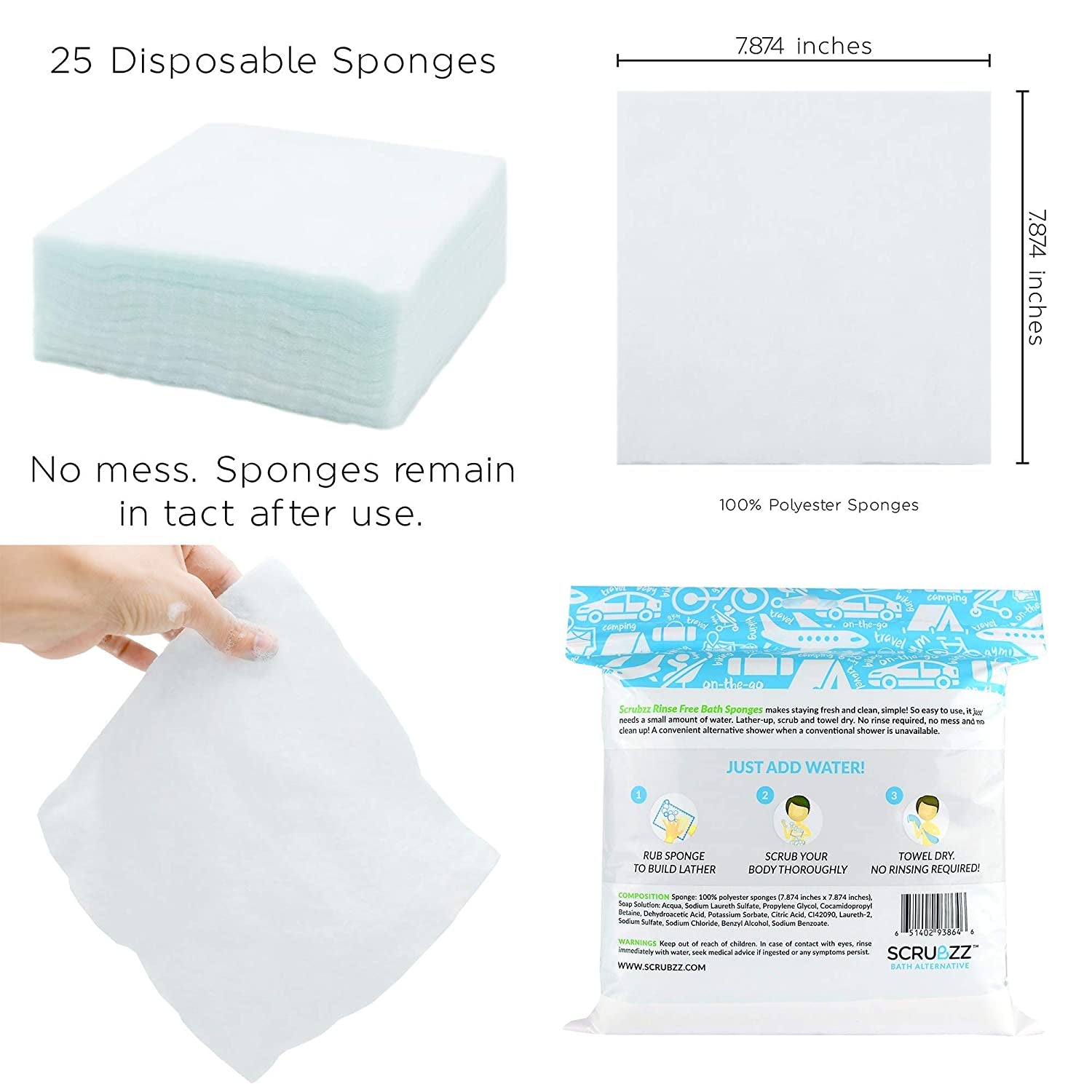 Disposable Rinse Free Bathing Wipes - 25 Pack - All-In-1 Single Use Shower Wipes, Simply Dampen, Lather, and Dry without Shampoo or Rinsing