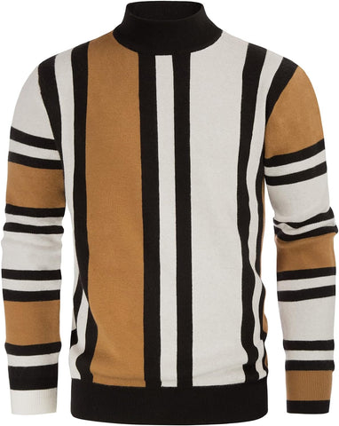 Mens Vintage Stripes Pullover Stand Collar Mockneck Jumper Sweater