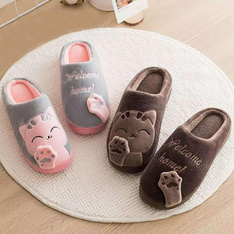 Ladies Cute Cat Animal Plush Slip on Winter Warm Bedroom Shoes Non Slip House Slippers for Women Men