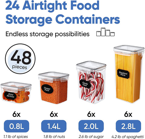 Airtight Food Storage Container Set - 24 Piece, Kitchen & Pantry Organization, Bpa-Free, Plastic Canisters with Durable Lids Ideal for Cereal, Flour & Sugar - Labels, Marker & Spoon Set