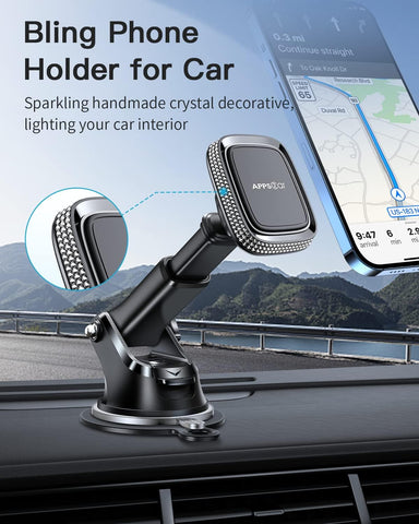 Magnetic Phone Holder for Car, Bling Dashboard/Windshield Sturdy Suction Cup Phone Holder, Crystal Magnetic Phone Mount[6 Strong Magnets & Adjustable Telescopic Arm] for All Smartphones