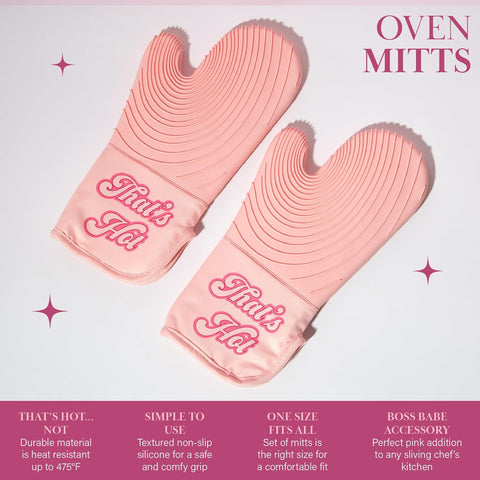 THAT'S HOT Pink Oven Mitt Set, Heat Resistant Pot Holders Featuring Non-Slip Textured Silicone Grips, 2-Piece Set, Pink