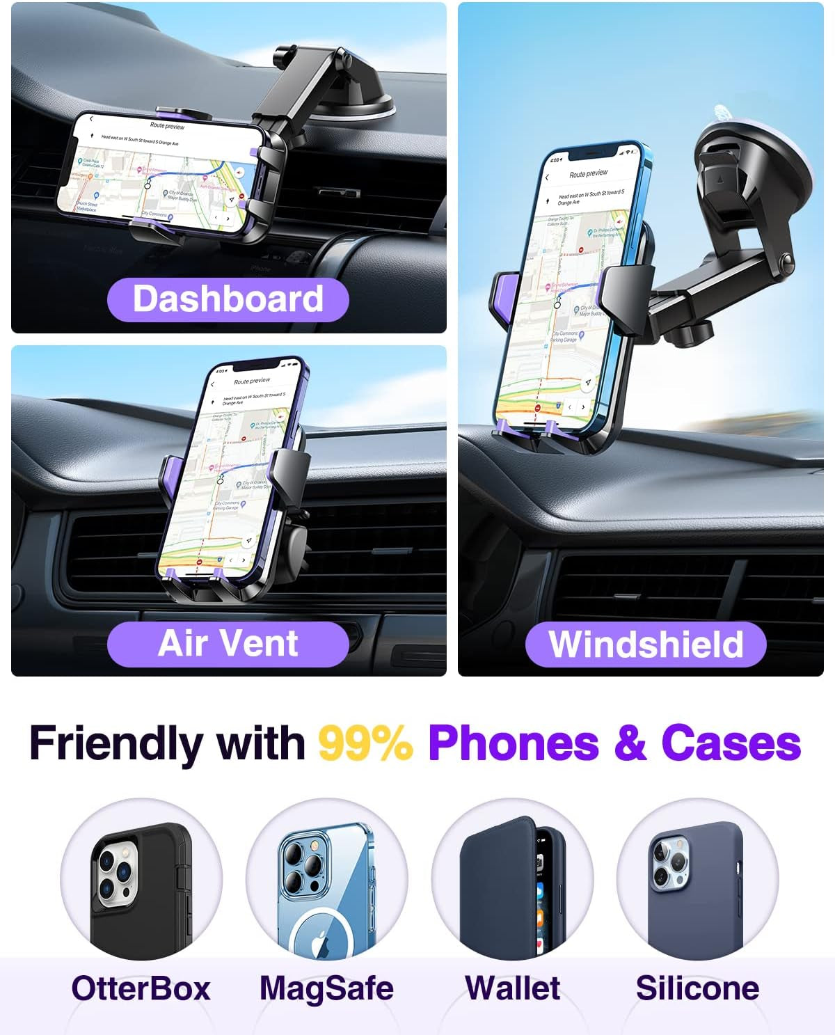 2024【Strongest & Military-Grade】 Car Phone Mount【Patent & Safety Certs】 Ultimate Cell Phone Holder Handsfree Stand for Dashboard Window Vent for Iphone 15 Pro Max 14 13 Samsung Android Truck