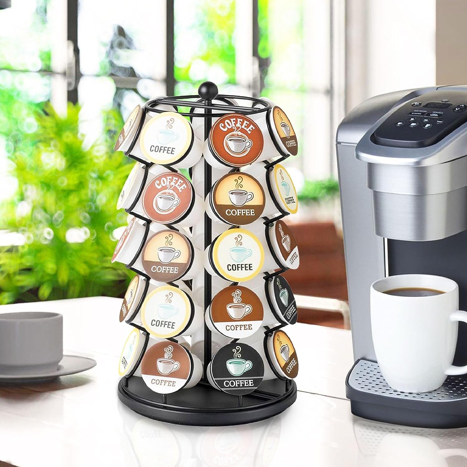 K Cup Holder – Compatible with K-Cups, Coffee Pod Carousel | 35 K Cup Holder, Spins 360-Degrees, Lazy Susan Platform, Modern Black Design, Home or Office Kitchen Counter Organizer