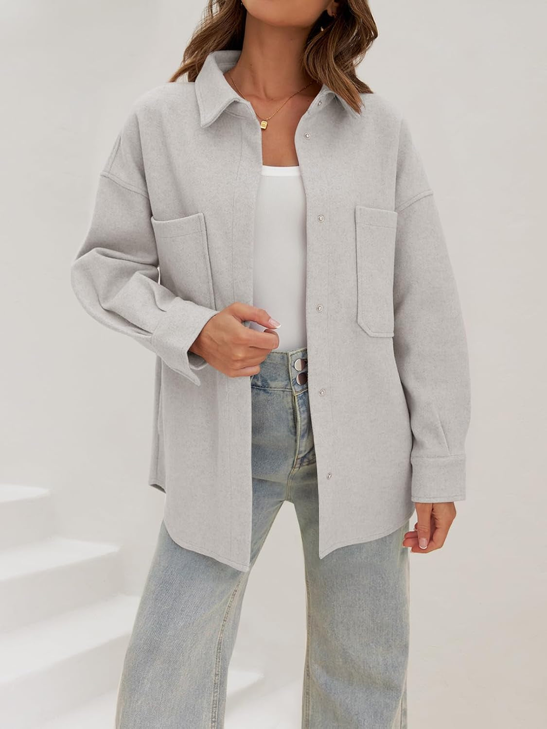 Women'S 2024 Fall Oversized Long Sleeve Shacket Jacket Button down Wool Blend Coats with Pockets