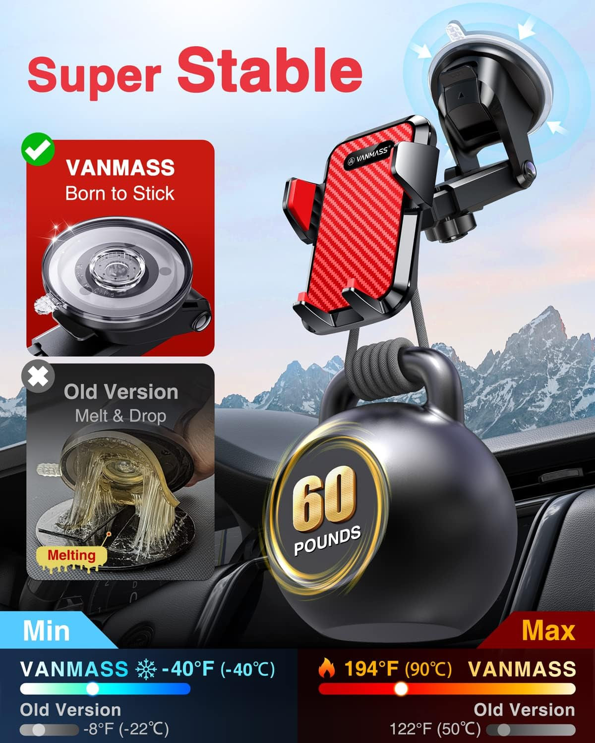 【2023 Strongest & Military-Grade】 Car Phone Mount 【Patent & Safety】 Ultimate Cell Phone Holder Best Handsfree Stand for Dash Windshield Vent for Iphone 15 Pro Max 14 13 Android & Truck, Red