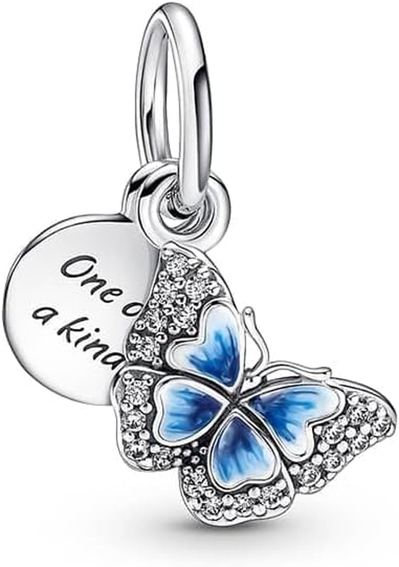 Blue Butterfly & Quote Double Dangle Charm Bracelet Charm Moments Bracelets - Stunning Women'S Jewelry - Made with Sterling Silver, Cubic Zirconia & Enamel, No Gift Box