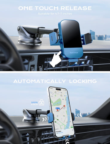 Wireless Car Charger, 15W Fast Charging Auto Clamping Car Charger Phone Mount Phone Holder Fit for Iphone 15 14 13 12 11 Pro Max Xs, Samsung Galaxy S24 Ultra S23 S22 S21, S20, S10+, Blue