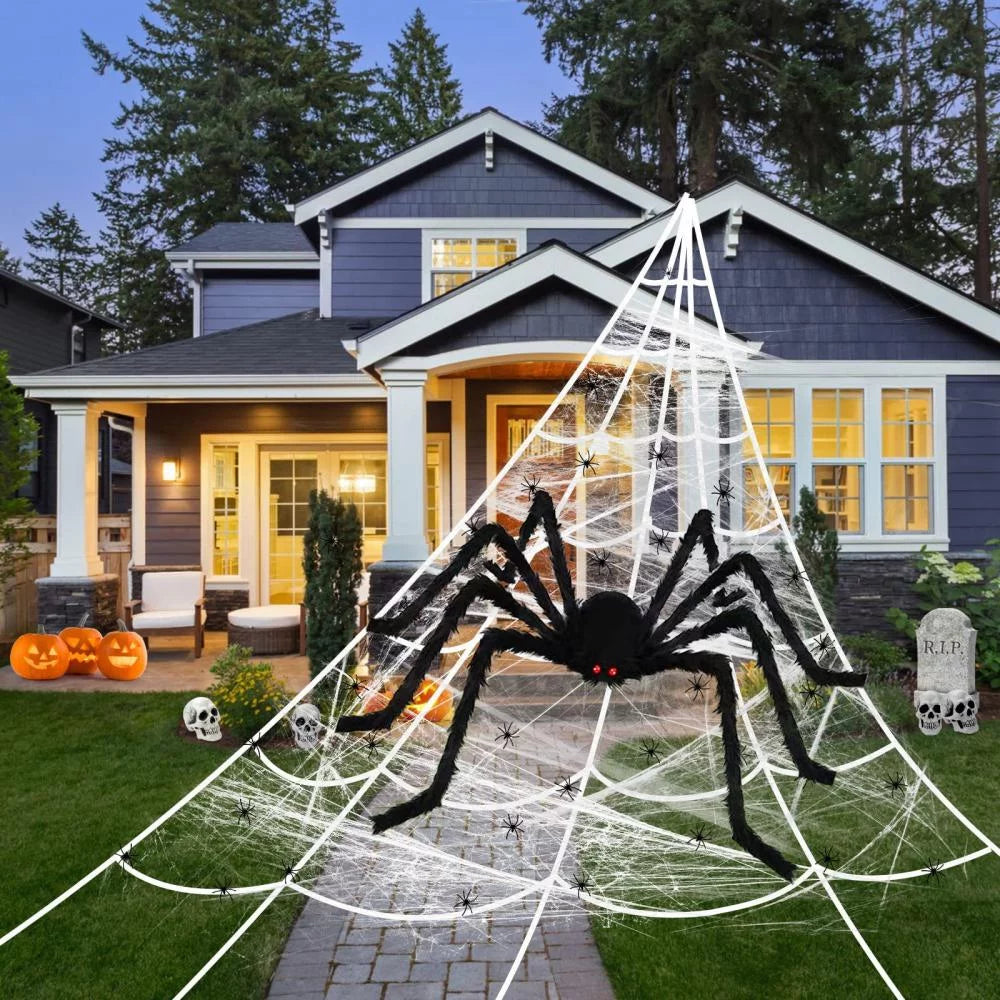 Halloween Spider Decorations Set 5Ft Giant Spider 16.4Ft Spider Webs 20 Small Spiders Cotton Wool Yard Home Party Haunted Decor