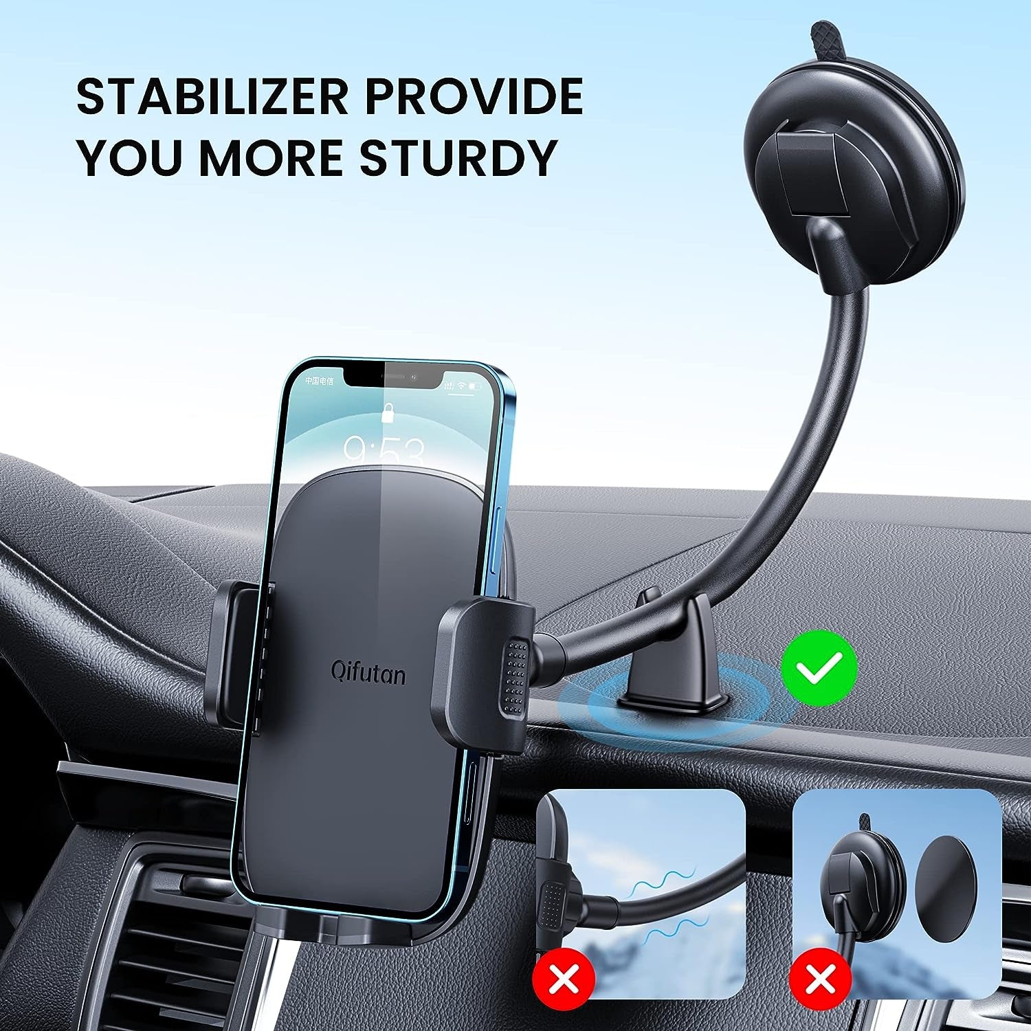 Cell Phone Holder for Car Phone Mount Long Arm Dashboard Windshield Car Phone Holder Anti-Shake Stabilizer Phone Car Holder Compatible with All Phone Android Smartphone, Black (HD-C77)