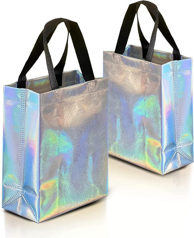 Iridescent Gift Bags Medium Size – Set of 12 Stunning Holographic Silver Reusable Gift Bags in Bulk - Goodie Bags, Birthday Gift Bags with Handles, Party Favor Bags, Present Bags – 8Wx4Dx10H