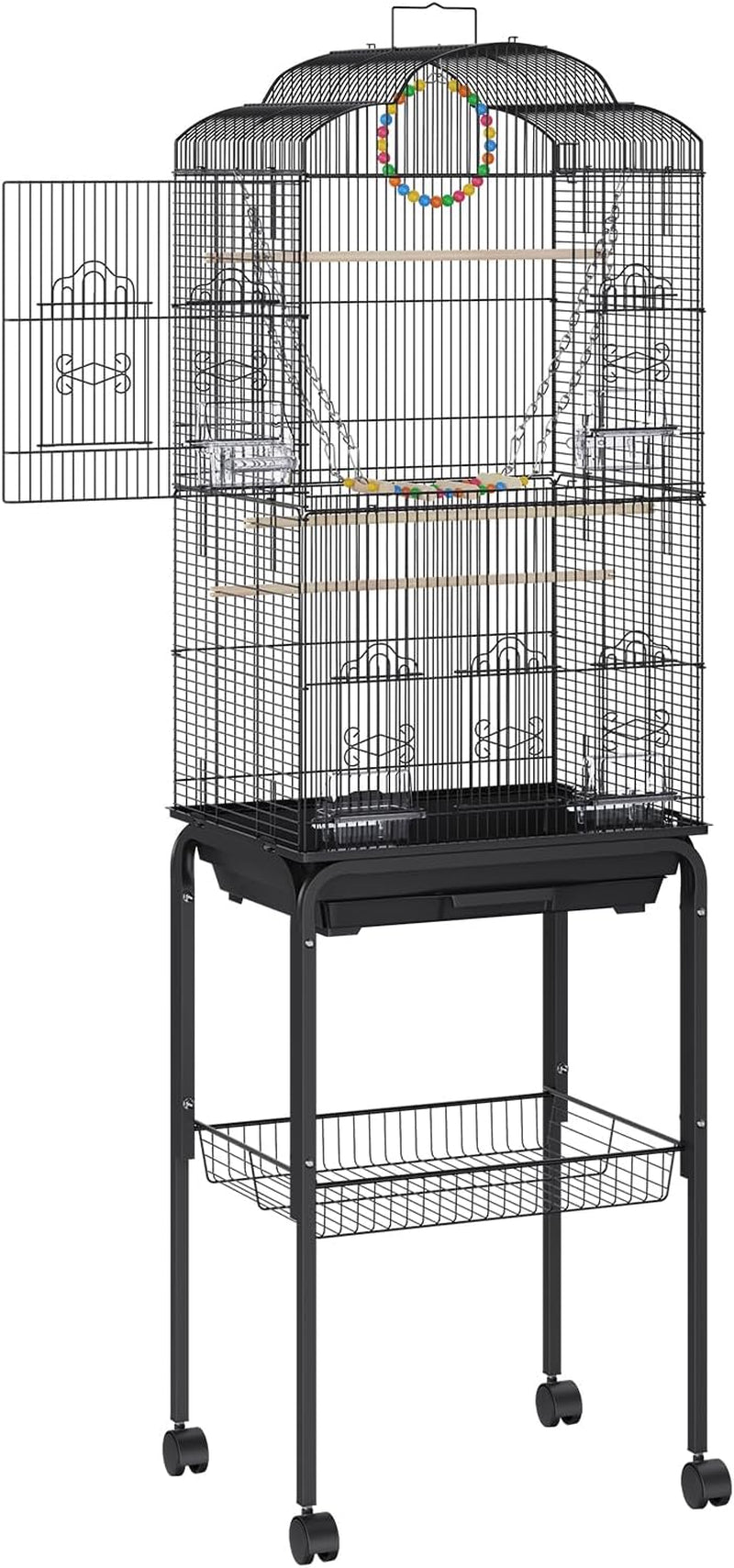 60 Inch Flight Bird Cage, Metal Large Parakeet Cages for Cockatiels Parrot Budgies Lovebirds Canaries, Pet Big Bird Cage with Rolling Stand and Hanging Toys