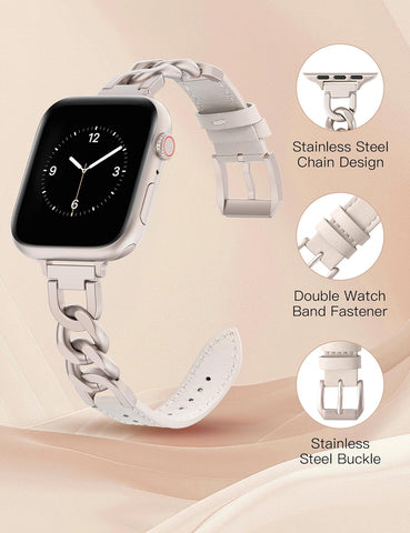 Leather Band Compatible with Apple Watch Band 41Mm 40Mm 38Mm Women, Chain Leather Band + Resin Band(Starlight/Starlight+Dark Rose Gold/Pink