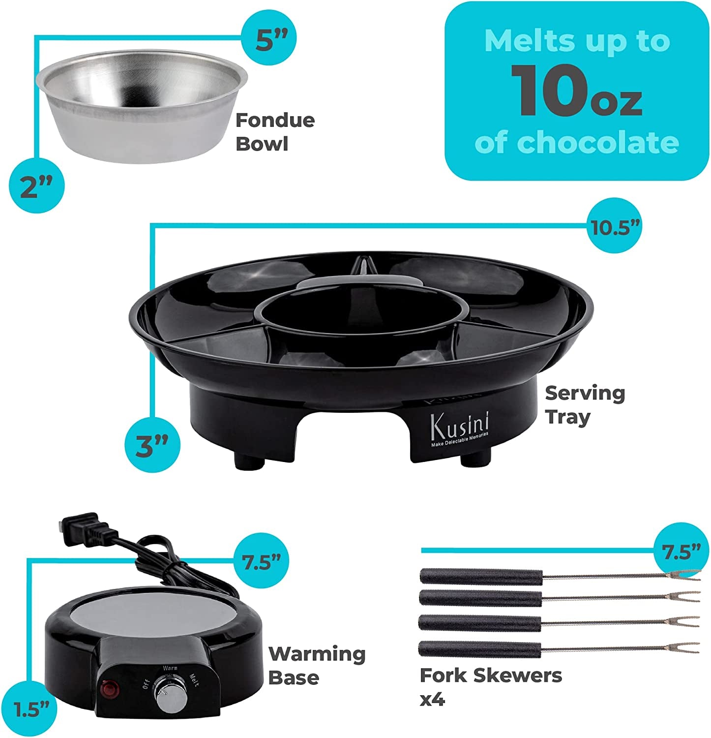 Electric Fondue Pot Set - Chocolate Fondue Kit - Temperature Control, Detachable Serving Trays, & 4 Roasting Forks - Gift Set & Date Night Idea. Serve at Movie Night or Game Night.