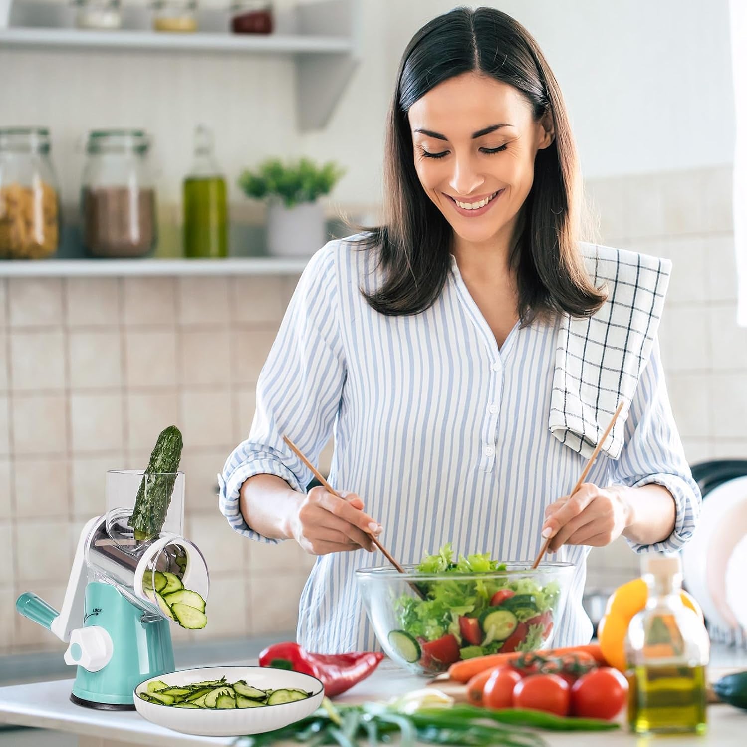 Rotary Cheese Grater, Kitchen Shredder with 3 Interchangeable Blades, Mandoline Vegetable Slicer with Strong Suction Base, Easy to Use and Clean, Blue