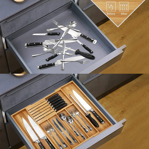 Bamboo Silverware Drawer Organizer Kitchen, Expandable Utensil Organizer with Knife Block, Cutlery Tray with Divider, Multifunctional Wooden Drawer Organizer