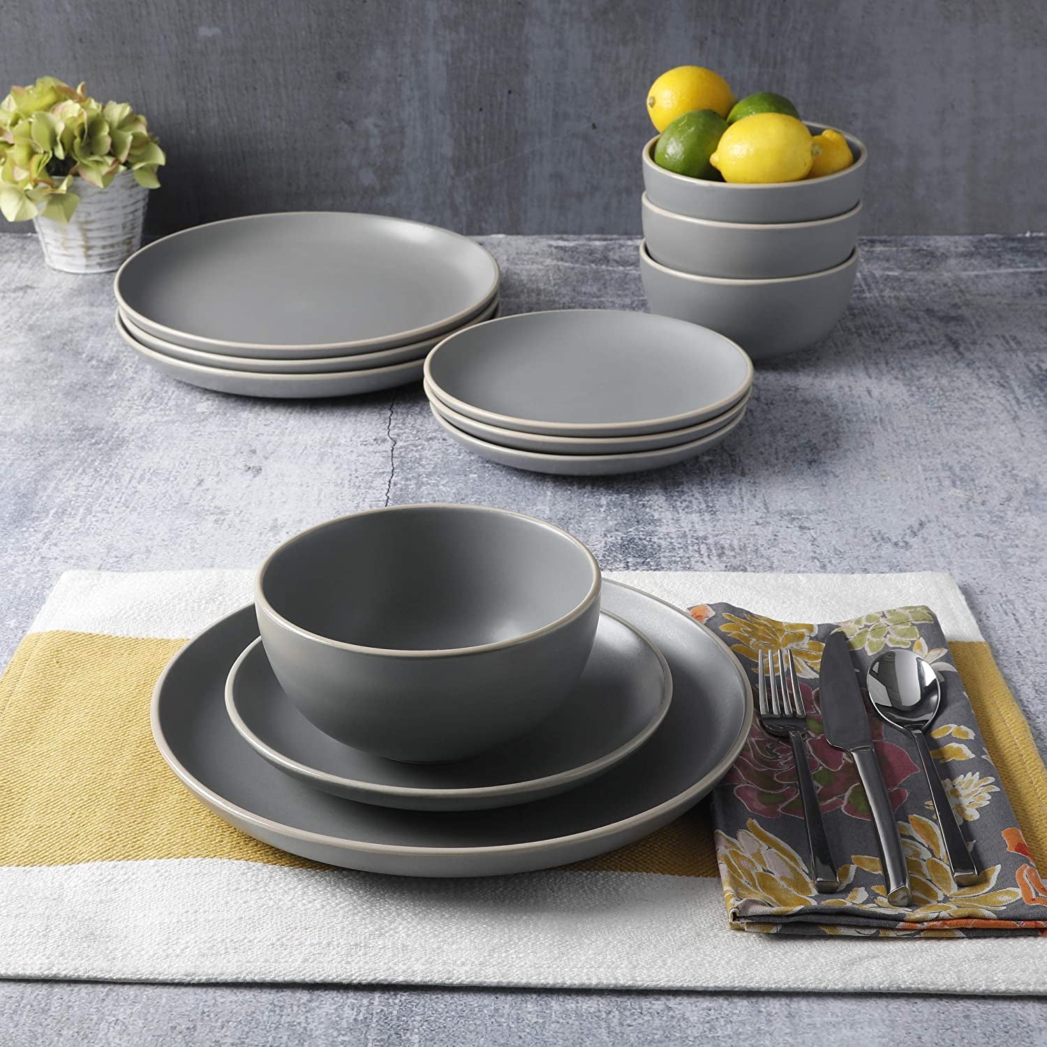 Home Rockaway 12-Piece Dinnerware Set Service for 4, Grey Matte -