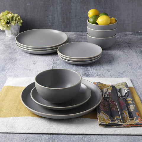 Home Rockaway 12-Piece Dinnerware Set Service for 4, Grey Matte -