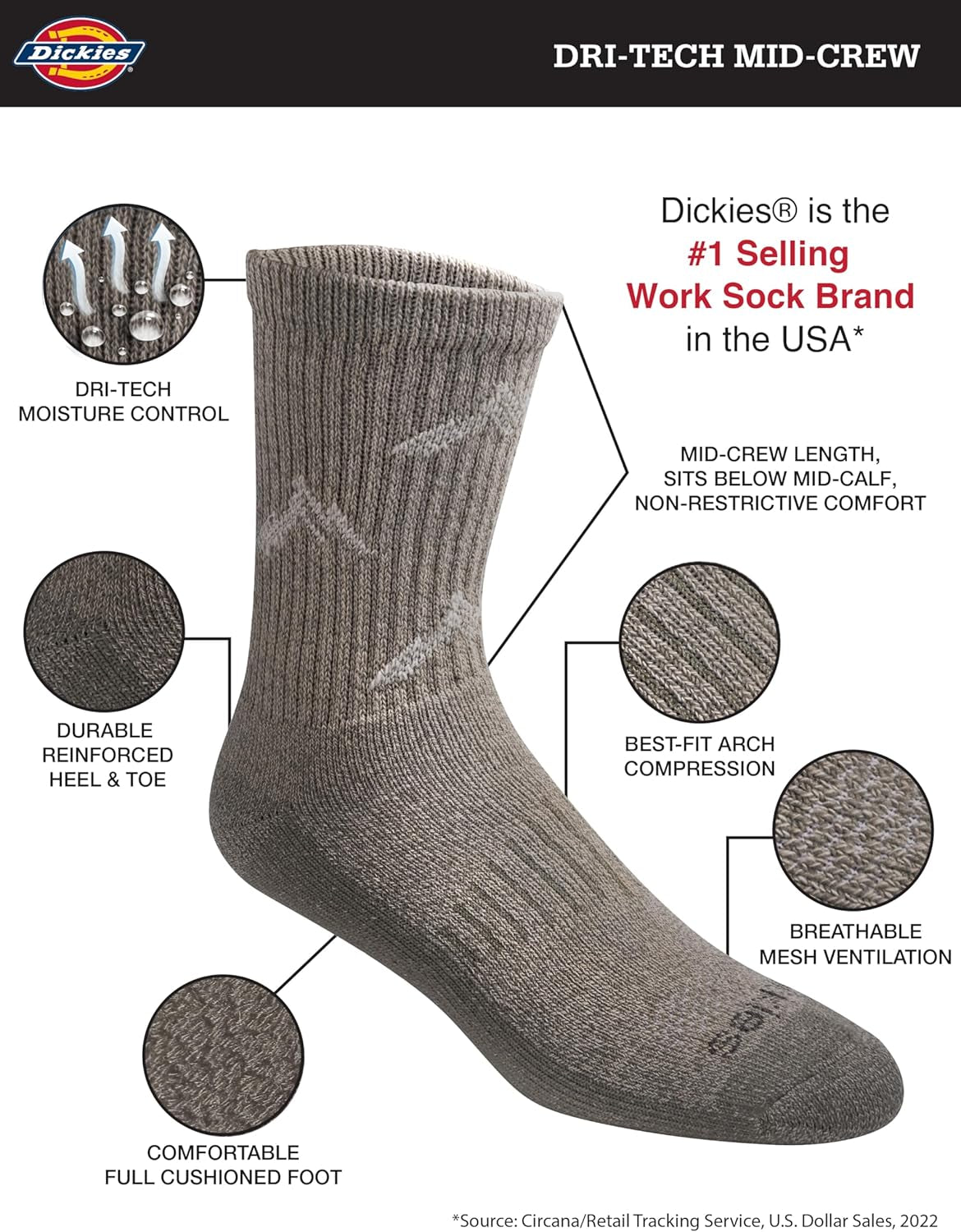 Men'S Dri-Tech Moisture Control Comfort Length Mid-Crew Socks