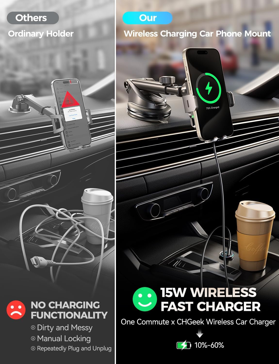 Wireless Car Charger with Phone Holder Mount, 15W Fast Charging Auto Clamping Phone Holders for You Car Windshield Dashboard Air Vent Accessories for Iphone, Samsung Galaxy, Google, Etc