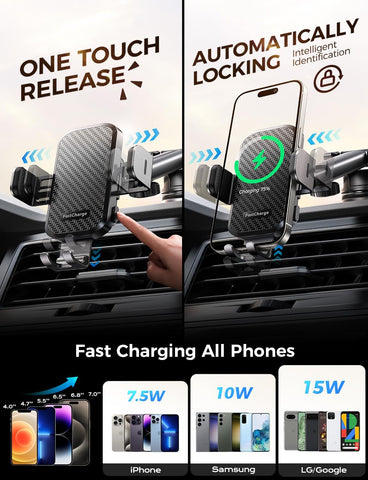 Wireless Car Charger with Phone Holder Mount, 15W Fast Charging Auto Clamping Phone Holders for You Car Windshield Dashboard Air Vent Accessories for Iphone, Samsung Galaxy, Google, Etc