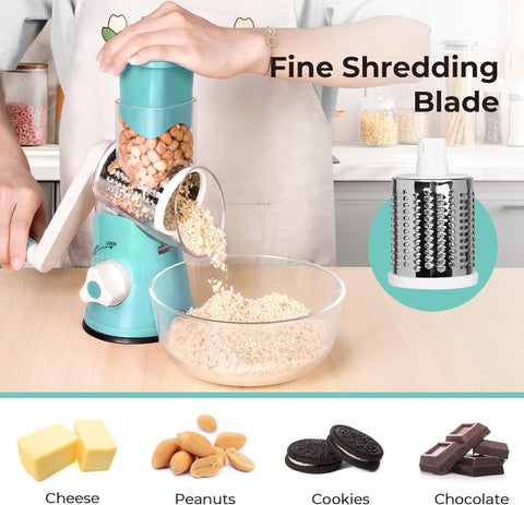 Rotary Cheese Grater, Kitchen Shredder with 3 Interchangeable Blades, Mandoline Vegetable Slicer with Strong Suction Base, Easy to Use and Clean, Blue