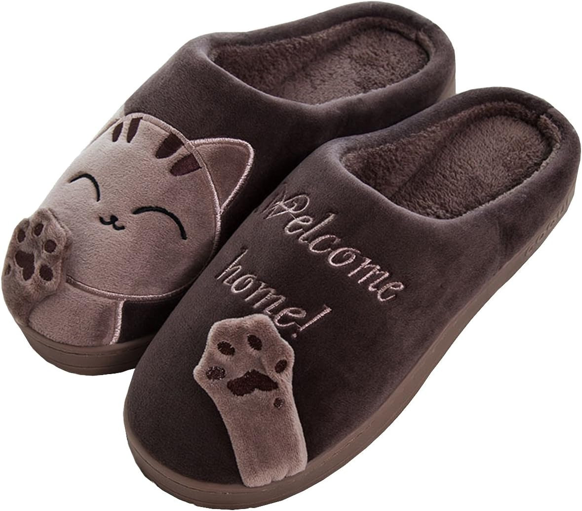 Ladies Cute Cat Animal Plush Slip on Winter Warm Bedroom Shoes Non Slip House Slippers for Women Men