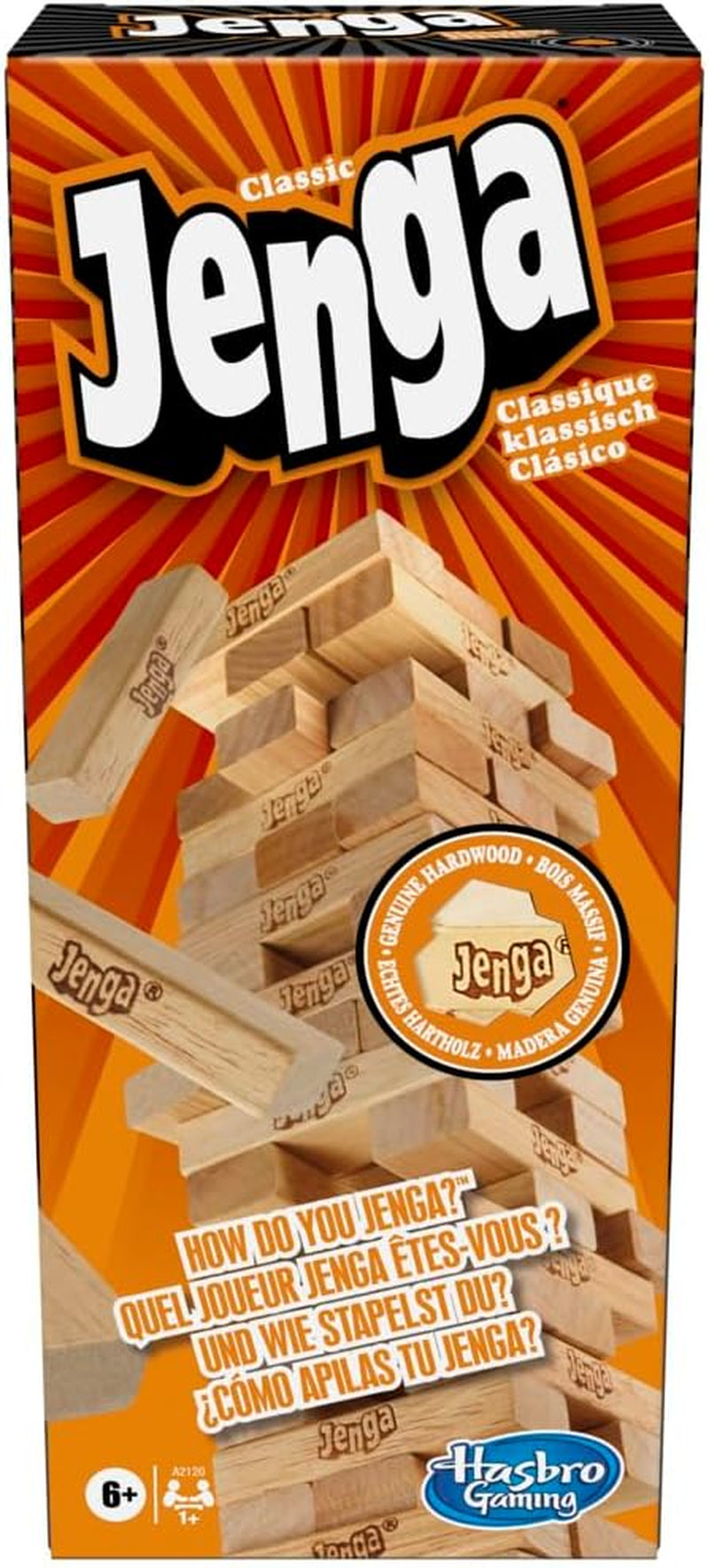 Jenga Classic Game with Genuine Hardwood Blocks,Stacking Tower Game for 1 or More Players,Kids Ages 6 and Up