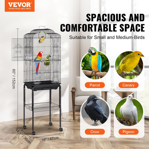 60 Inch Flight Bird Cage, Metal Large Parakeet Cages for Cockatiels Parrot Budgies Lovebirds Canaries, Pet Big Bird Cage with Rolling Stand and Hanging Toys