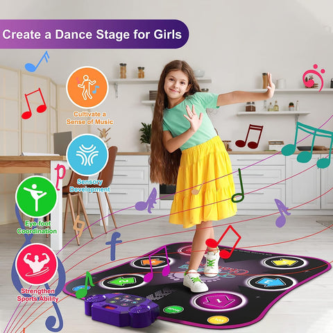 Dance Mat Toys for 3-12 Year Old Kids, Electronic Dance Pad with Light-Up 6-Button Wireless Bluetooth, Music Dance with 5 Game Modes, Birthday Toys Gifts for 3 4 5 6 7 8 9 10+ Year Old Girls