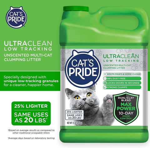 Max Power: Ultraclean Low Tracking Multi-Cat Clumping Litter - Keeps Paws & Home Clean - up to 10 Days of Powerful Odor Control - 99% Dust Free - Unscented, 15 Pounds