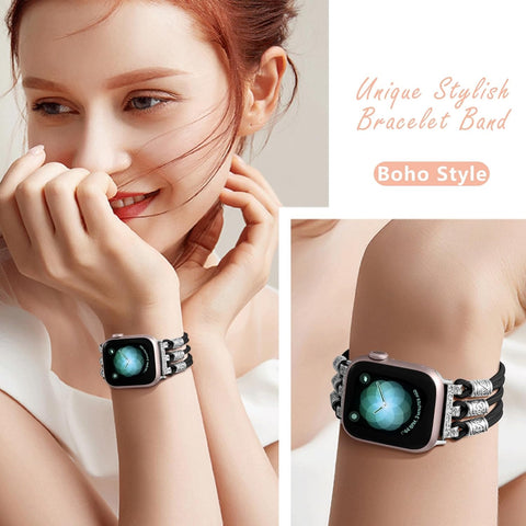 Bundle 1 Pack Boho Bracelet Black Band & 1 Pack Leather Punk Black Band Compatible with Apple Watch Band 38Mm 40Mm 41Mm 42Mm 44Mm 45Mm 49Mm Women Men