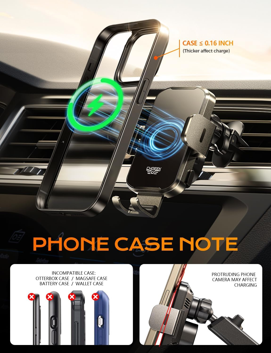 Wireless Car Charger Phone Holder Mount, 15W Fast Charging Auto Clamping Phone Holders for Your Car Dashboard Windshield Air Vent Car Accessories for Iphone, Samsung Galaxy, Google Pixel Etc