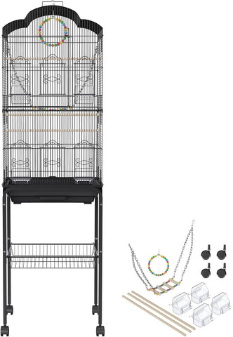 60 Inch Flight Bird Cage, Metal Large Parakeet Cages for Cockatiels Parrot Budgies Lovebirds Canaries, Pet Big Bird Cage with Rolling Stand and Hanging Toys