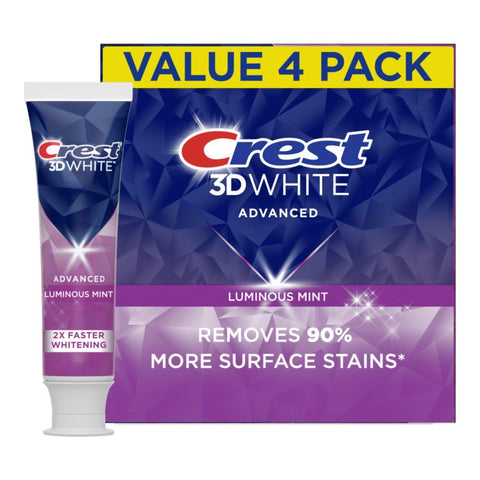 3D White Advanced Luminous Mint Teeth Whitening Toothpaste, 3.7 Oz Pack of 4 - Helps Remove Surface Stains, Whitens Teeth, Strengthens Tooth Enamel, Protects against Cavities