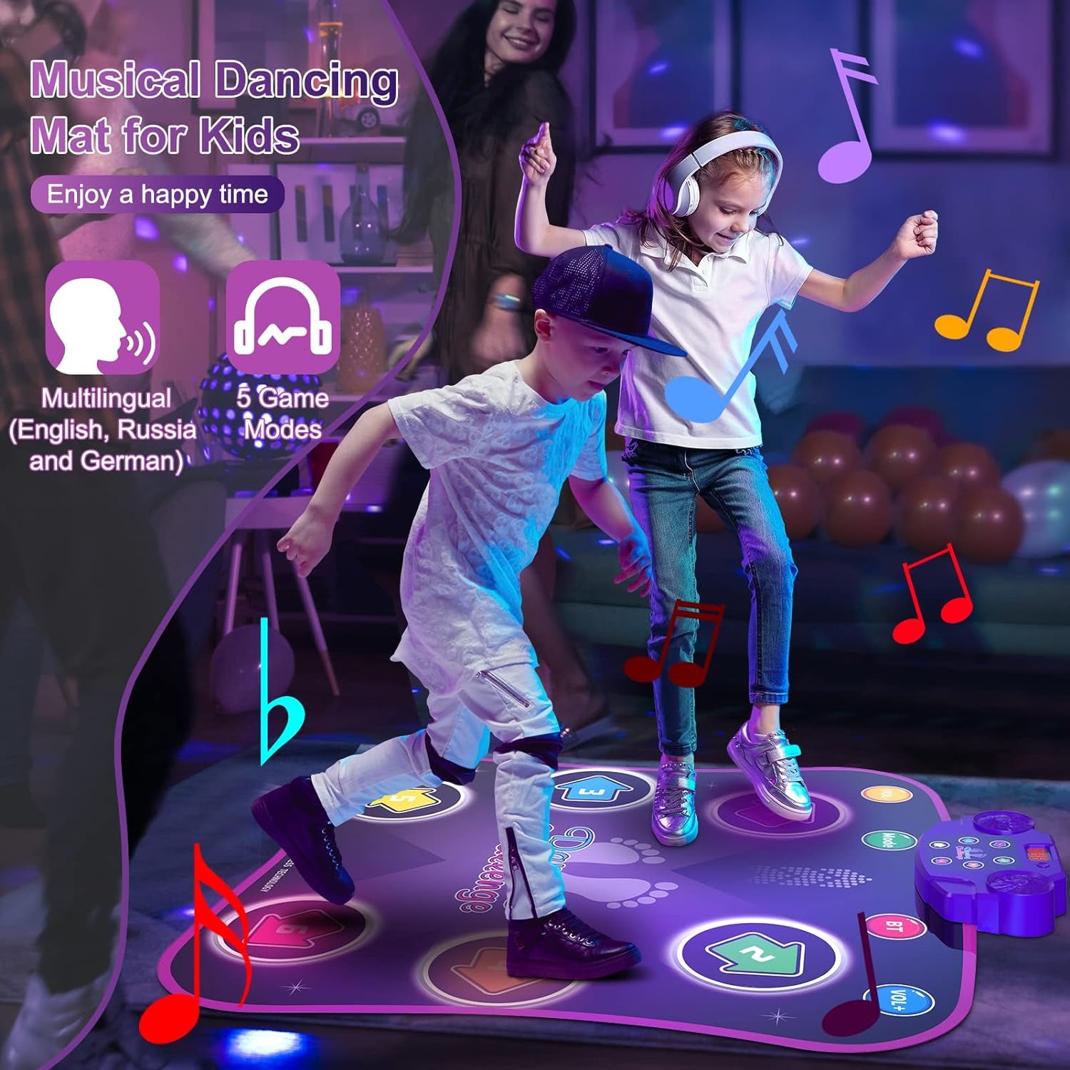 Dance Mat Toys for 3-12 Year Old Kids, Electronic Dance Pad with Light-Up 6-Button Wireless Bluetooth, Music Dance with 5 Game Modes, Birthday Toys Gifts for 3 4 5 6 7 8 9 10+ Year Old Girls